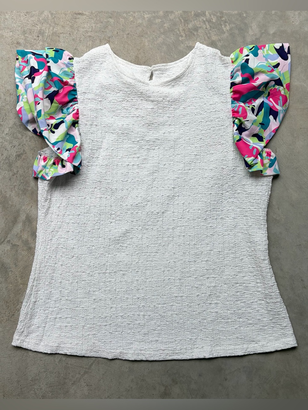 White Textured Top with Multicolor Floral Sleeves - No Brand - Size XL